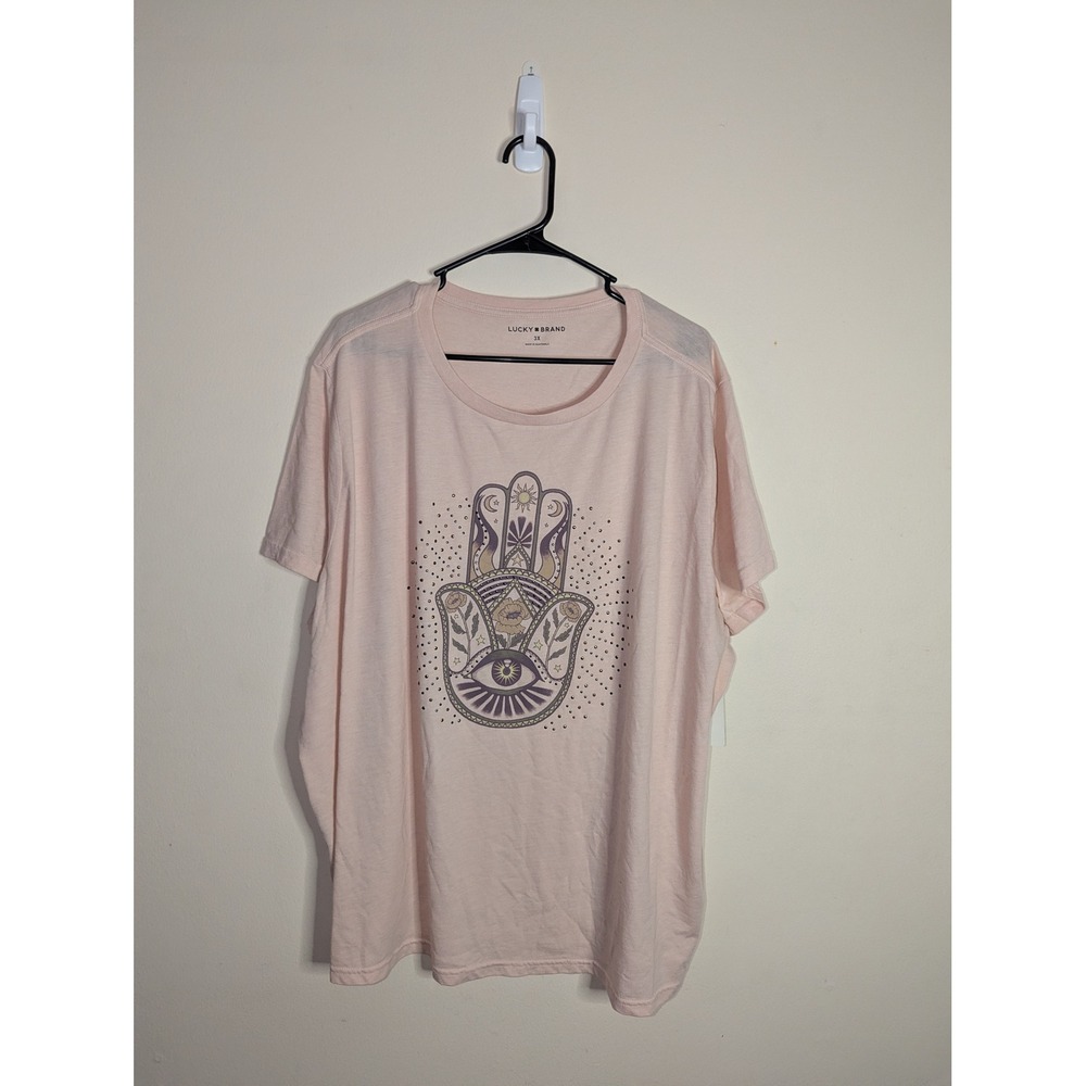 Lucky‎ Brand Womens Hamsa Hand Graphic Tee Peach Whip Pink Studded 3X NWT